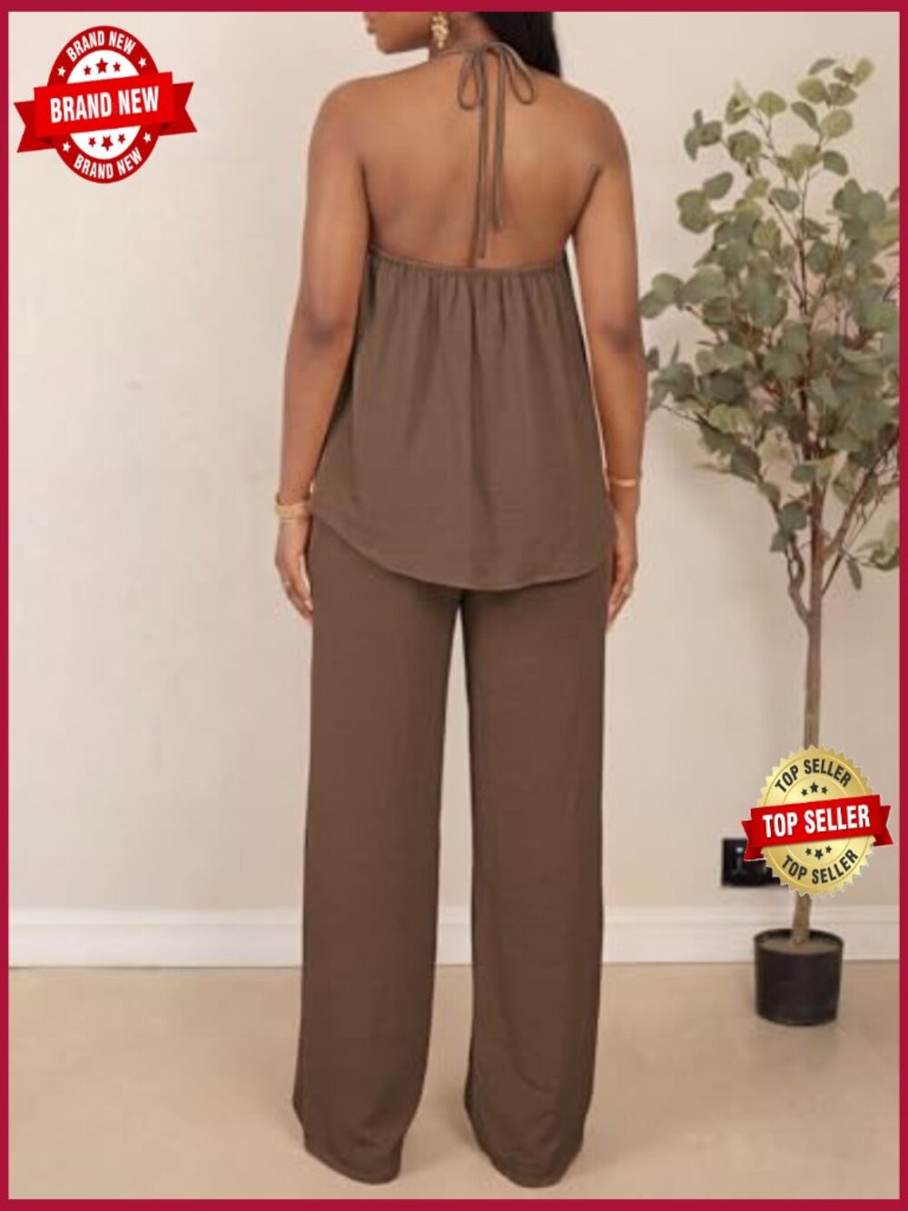 Cowl Neck Halter Top & Wide Leg Pants 2 Piece Set Sleeveless Summer Vacation - Picture 3 of 7